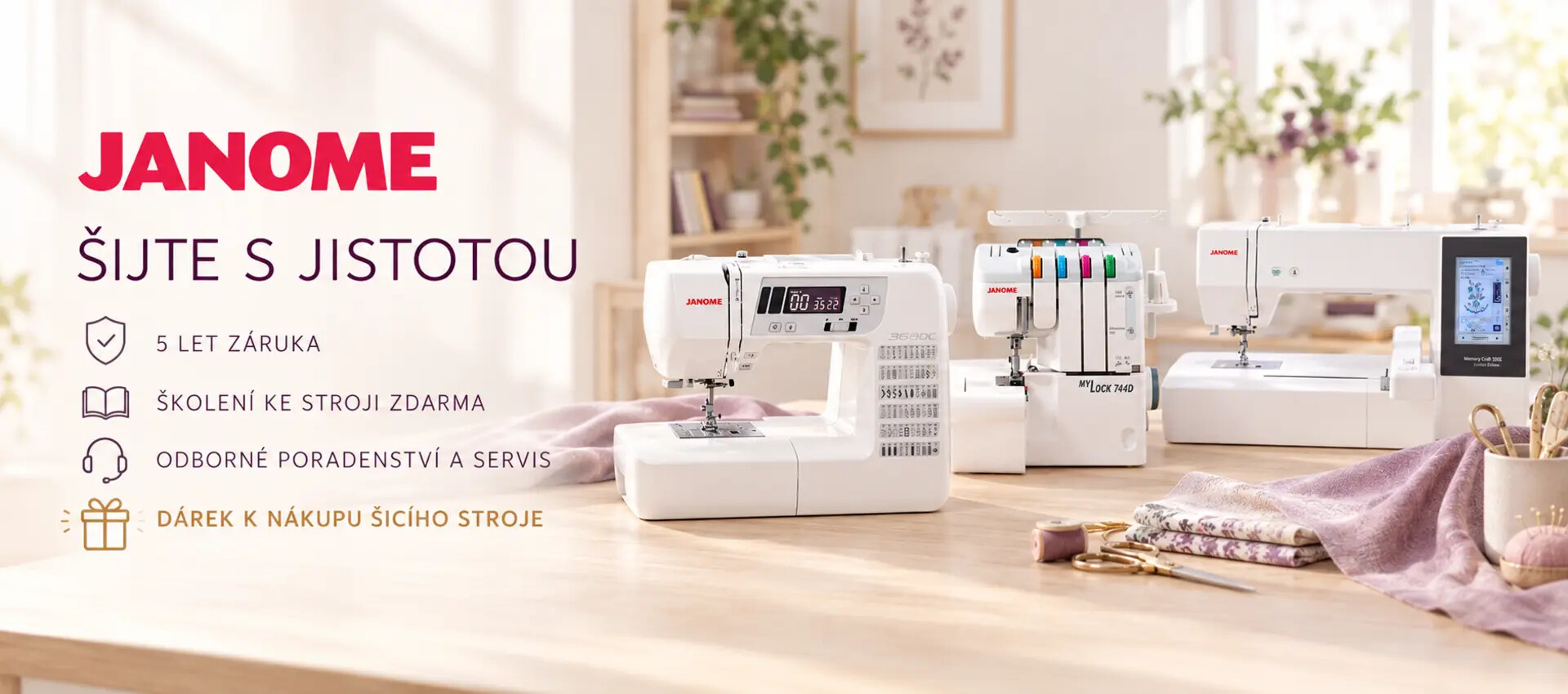 Šicí stroj Janome 360DC, overlock Janome 744D a vyšívací stroj Memory Craft 500E