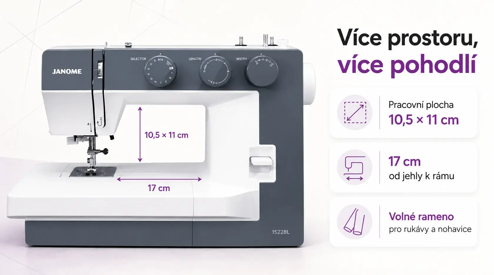 Janome 1522 BL – velká pracovní plocha
