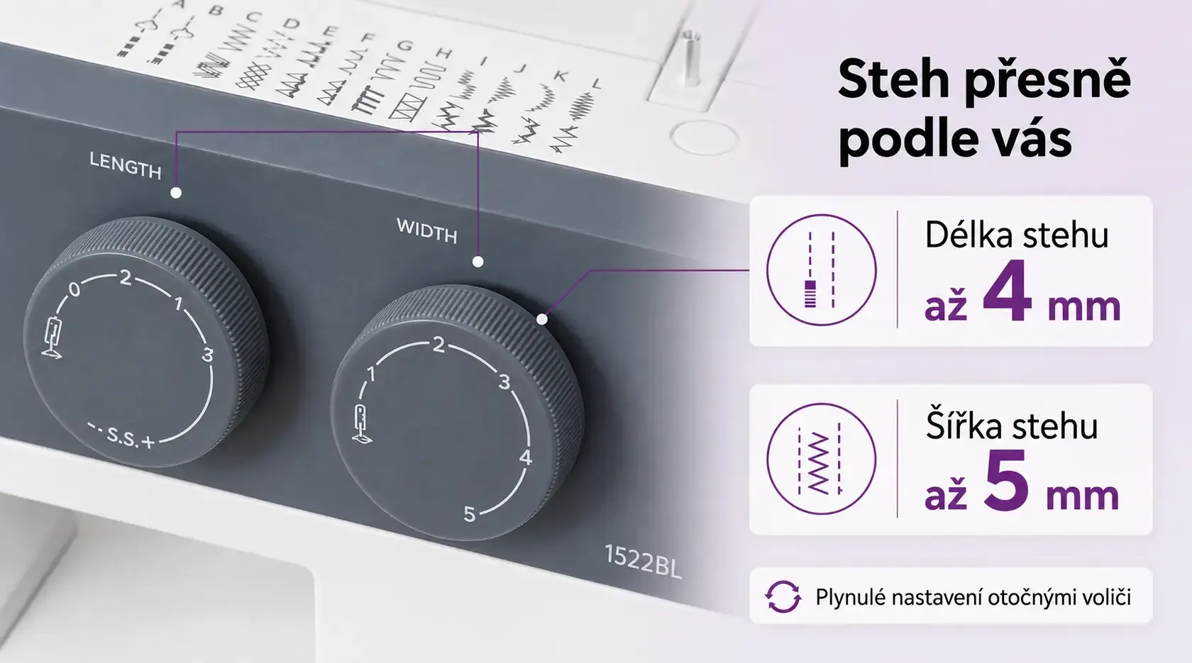 Janome 1522 BL – nastavení délky a šířky stehu