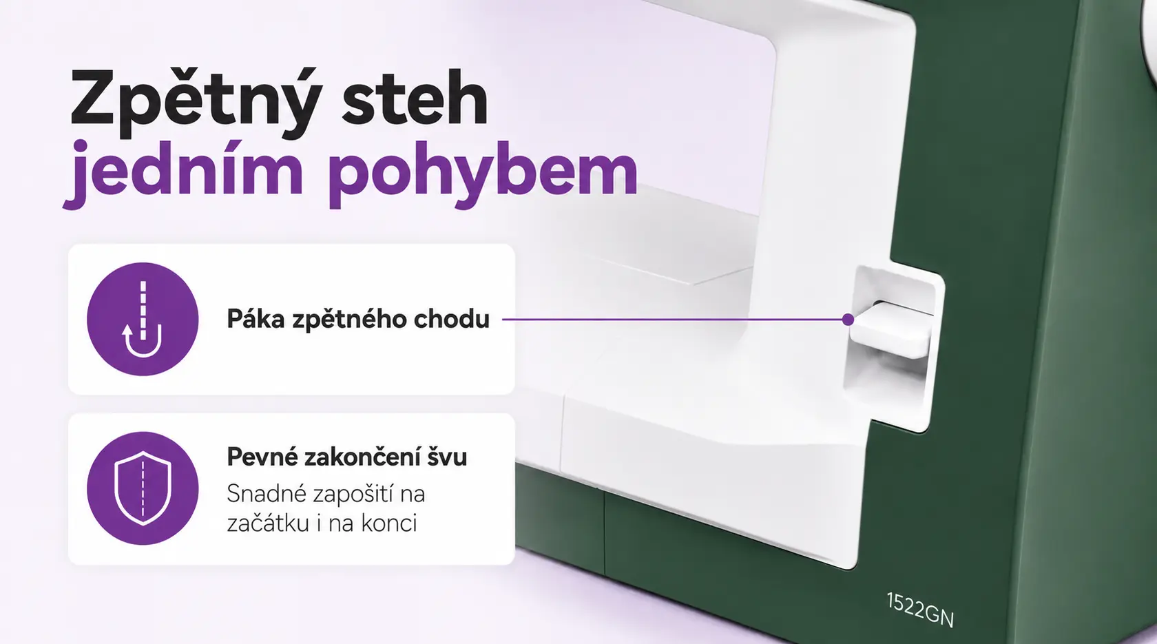 Janome 1522 GN – páka zpětného šití