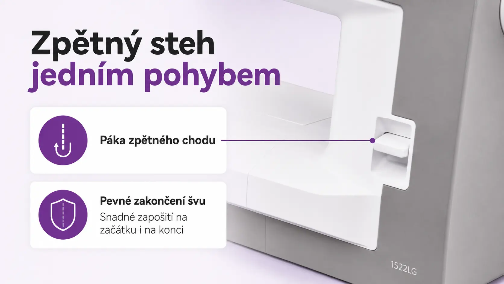Janome 1522 LG – páka zpětného šití