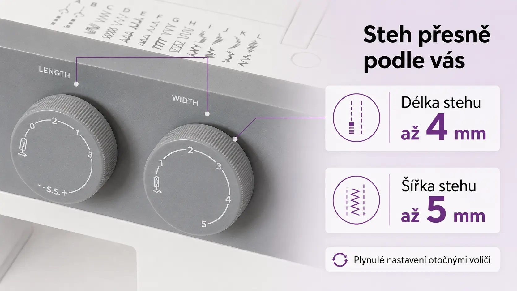Janome 1522 LG – nastavení délky a šířky stehu