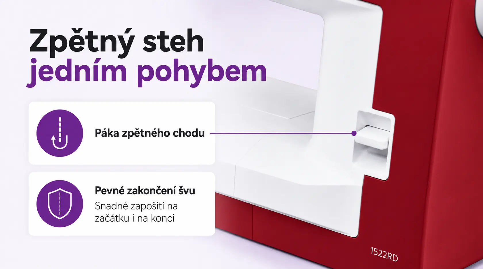 Janome 1522 RD – páka zpětného šití